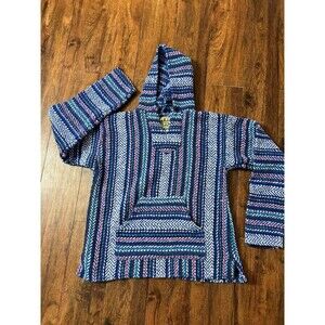 Baja Joe Mens M Mexican Baja Hoodie Blue Striped Woven Pullover Recycled